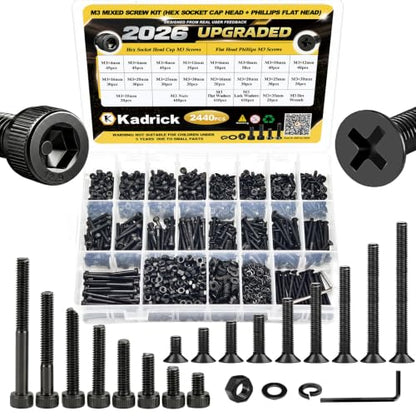 Kadrick 2440PCS M3 Screws Assortment,Hex Socket Cap & Countersunk M3 Screws - size: M3 2440Pcs 4-35mm