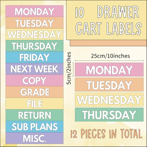 12 Pieces Rolling Storage Cart Labels 10 Drawer Rolling Storage Cart Label Pastel Classroom Decor for Teacher Office School Classroom Organization - style: Pastel