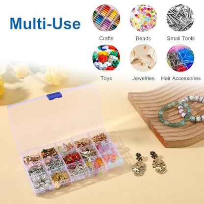 24 Pack 15 Grids Clear Plastic Bead Organizer Box Small Craft Organizer Box Storage Container with Adjustable Dividers for Jewelry Crafts Fishing Tackle Small Parts