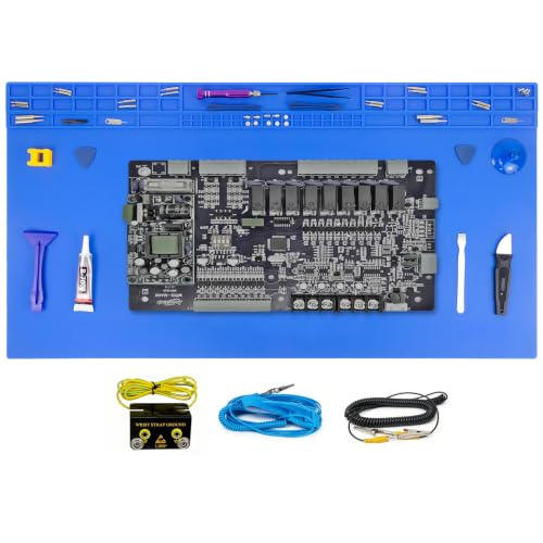 Extra Large Soldering Mat with Wristband & Grounding Accessories, 32.3’’x16.6’’ Large Silicone Solder Mat, 932℉ Heat Resistant Mat, Large Repair Workbench Pad for Electronics Repair (Blue) - color: Blue