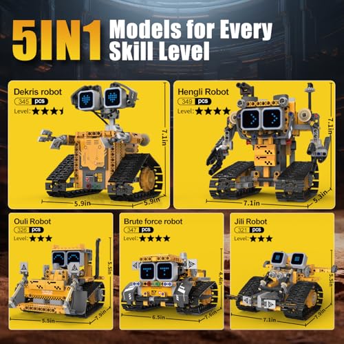 Gohero Robot Building Kit，5 in 1 STEM Toys for Boys Toys Age 8-10 with Remote & App Control，Robotics Technic Kits with 16 LED Expressions，Christmas & Birthday Gifts for Teen Boys & Grils (373 PCS)
