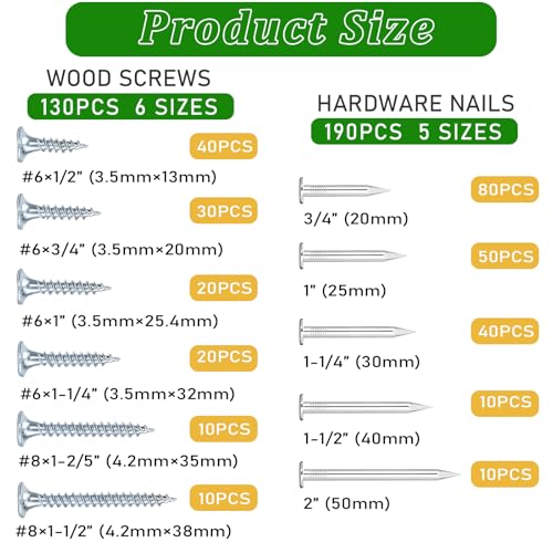 320Pcs Premium Hardware Nails & High Hardness Wood Screws Assortment Kit, 11 Sizes (1/2"-2"),Phillips Drive Flat Head, Wood Screws, Galvanized, Picture Hanging, Wood, Common Nails with Storage Box - size: 320PCS
