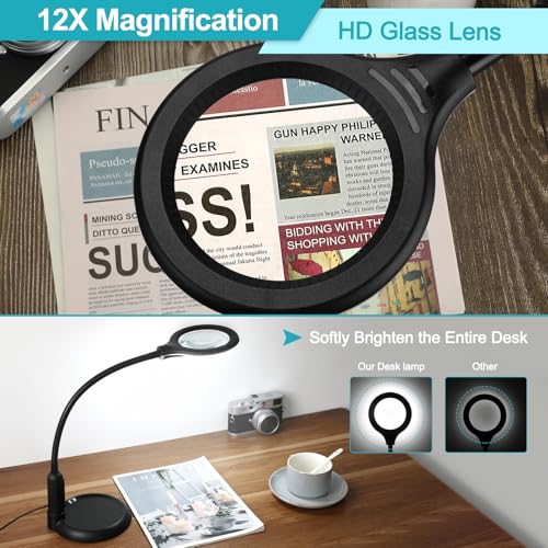 12X Magnifying Glass with Light and Clamp, 5 Color Modes Stepless Dimmable Lighted Magnifier with Stand, Flexible Gooseneck LED Desk Lamp Hands Free for Craft Reading Painting Hobby Close Work - color: Black, size: 12X
