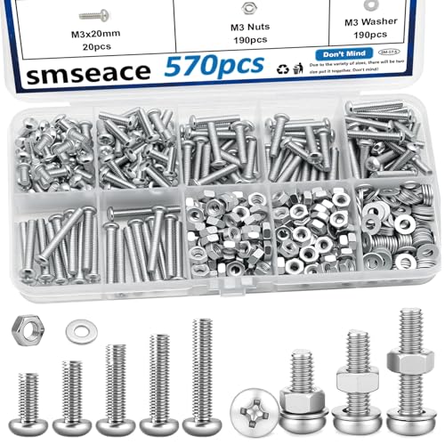 smseace 570Pcs M3 Screws Assortment Kit M3x6/10/14/16/20mm 5-Sizes Bolt Washer Assortment Kit for Machinery, Furniture, Automotive,DIY, 3D Printer, Motorcycle Repairs - color: Silver, size: 570Pcs M3