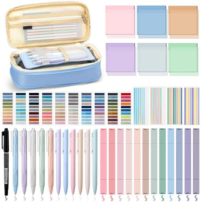 135 Pcs Book Annotation Kit with Pencil Case, 12 Pastel Highlighters, 11 Gel Pens, Fine Marker, 300 Transparent Sticky Notes, 2640 Index Tabs, Bible Study Supplies Kit(Classic,Light Blue) - color: Light Blue, style: Classic