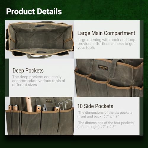 Waxed Canvas Garden Tool Bag Tote, 14 Inch Tool Bag with 10 External Pockets & 1 Large Compartment, Army Green - color: Army Green