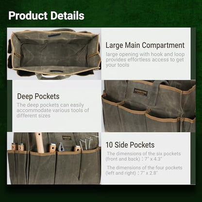 Waxed Canvas Garden Tool Bag Tote, 14 Inch Tool Bag with 10 External Pockets & 1 Large Compartment, Army Green - color: Army Green