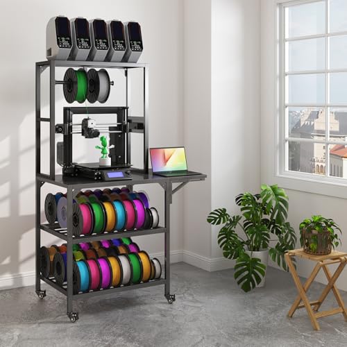 KEIKI 3D Printer Stand with Filament Storage Rack and Spool Holder, Heavy Duty Metal Frame 3D Printing Table Cart with Wheels, T-Shaped Organizer Workbench for Studio Workshop Home Office，Black - color: Black With Wheels