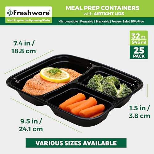Freshware Meal Prep Containers [25 Pack] 3 Compartment with Lids, Food Storage Containers, Bento Box, Stackable, Microwave/Dishwasher Safe (32 oz) - size: 32OZ-25PK