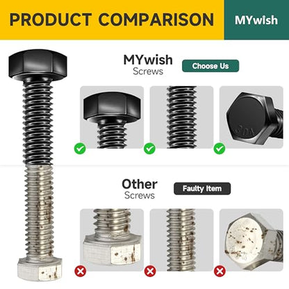 Mywish 254Pcs Nuts and Bolts, 1/4 20 5/16 18 3/8 16 Bolt, Heavy Duty 304 Stainless Steel Bolts and Nuts Kit with Flat Spring Washers, Fully Threaded & Black Oxided, 10 Common Size - size: 254 Pcs Mixed Size Kit - Black
