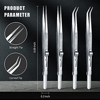 4 Pieces Precision Soldering Tweezer ESD Industrial Electronic Tweezers Tool Set Include Fine Point Tip Straight Tweezer and Locking Curved Tip Precision Tweezer for Jewelry Makeing Craft