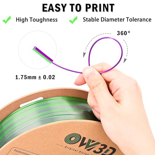 OVV3D PLA Filament 1.75mm, 3D Printer Filament Silk PLA Dual Color PLA Filament, Purple Green PLA Filament, Color Change Every Inch Filament 3D Printer Filament +/-0.02mm, 1kg/2.2lb - color: Dual-color Green Purple