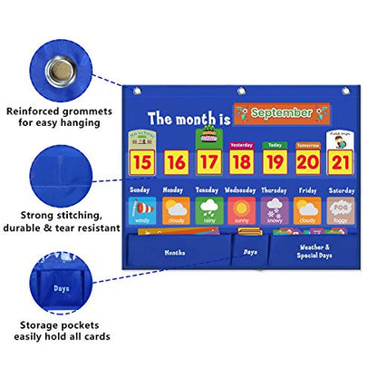 Classroom Calendar Pocket Chart for Kids, Weekly Weather Chart, Blue