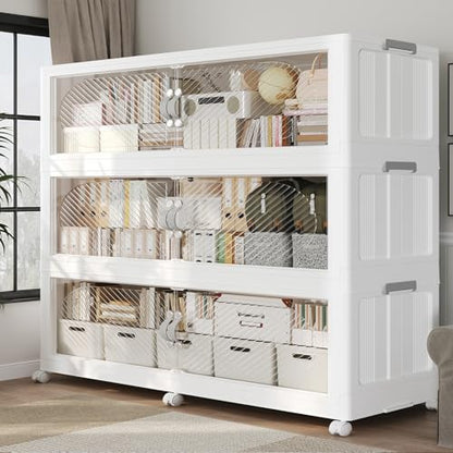 960QT Extra Large Stackable Storage Bins with Lid, 240Gal Plastic Closet Organizers and Storage Drawer, Collapsible Cabinet Box with Wheels Clear Doors for Home Kitchen Office, 3Pack White - size: 320QT