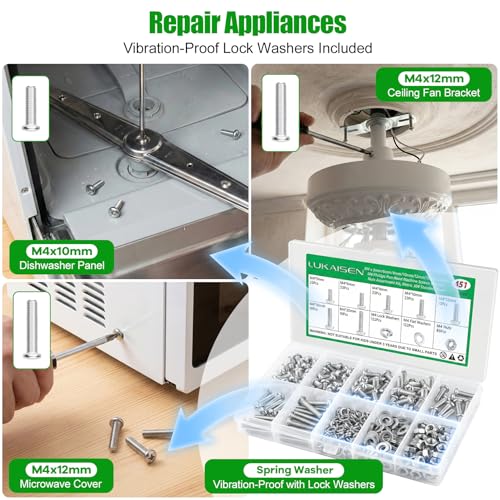 451Pcs M4 Phillips Pan Head Machine Screws Nuts Washers Set,304 SS - size: 451Pcs M4*5/6/8/10/12/16/20mm
