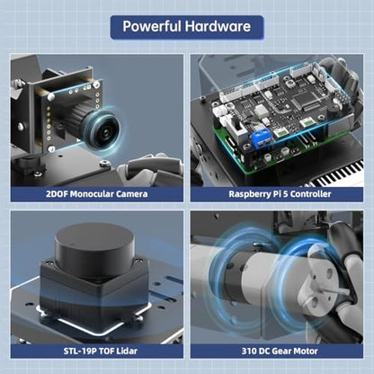 LewanSoul Robot Car for Raspberry Pi 5 ROS2 Programmable AI Vision Smart Robot Kit 360° Movement Chassis, Lidar SLAM Mapping Navigation Path Planning Autonomous Driving, MentorPi M1 with RPi 5 4GB