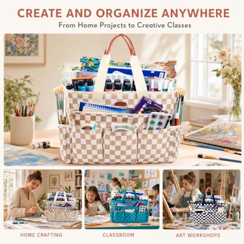 APOFFICE Art Supply Organizer, Large Craft Organizer Tote Bag, Craft Tote - color: Khaki