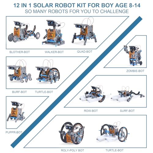 Toys for Ages 8-13,12 in 1 Stem Project Solar Robot Toy for 10 Years Old Autism Boy,Science Kits for Kids Age 8-14,Building Gear Toy Christmas Birthday Gift Idea for Boy Age 8 9 10 11 12 13 14 - color: Blue