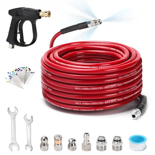 Sewer Jetter Kit for Pressure Washer 100 FT, Drain Cleaner Hose with Power Washer Gun, 1/4 Inch NPT Corner, Rotating and Button Nose Sewer Jetting Nozzle,Waterproof Tape, Pearl Corsage Pin, Spanner - color: Red - With Gun, size: 100FT