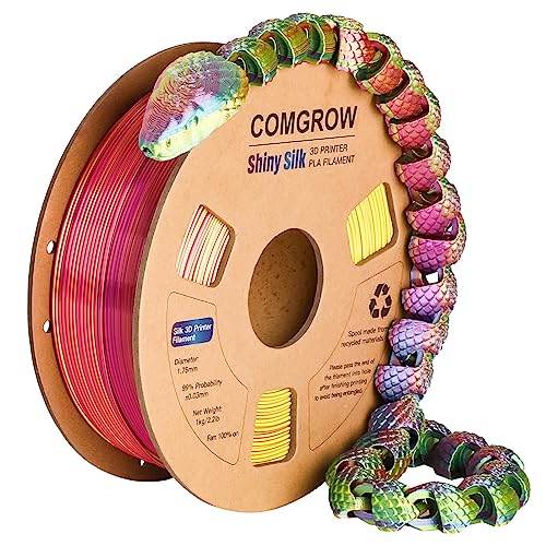 Comgrow Tri-Colors Silk PLA 3D Printer Filament, Rainbow PLA Filament 1.75mm, Dimensional Accuracy +/- 0.02 mm, 1KG Spool, Coextrusion 3D Filament with Shiny Silk Red-Blue-Yellow - color: Red & Blue & Yellow