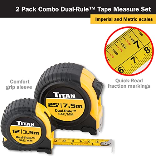 Titan 10903 Tape Measure with Easy-Read Standard Markings and Durable Case, 2-Piece Set, 12-Foot and 25-Foot - size: 3.7 m