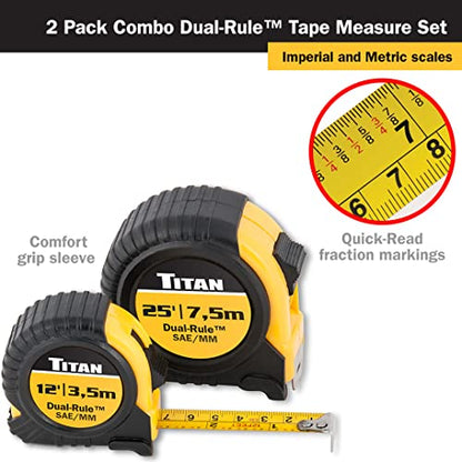Titan 10903 Tape Measure with Easy-Read Standard Markings and Durable Case, 2-Piece Set, 12-Foot and 25-Foot - size: 3.7 m