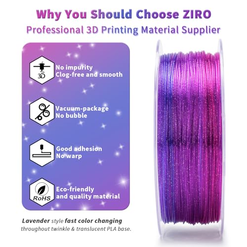 ZIRO Fast Color Change Twinkling PLA, 1.75mm 3D Printing Filament, Lavender - color: Lavender