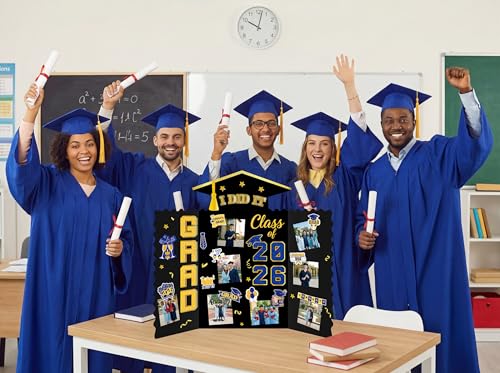 Moon Boat 5 Pack Graduation Decorations 2026 Trifold Poster Boards with Stickers Class of 2026 Grad Party Picture Display Supplies(Blue Gold) - color: Blue Gold