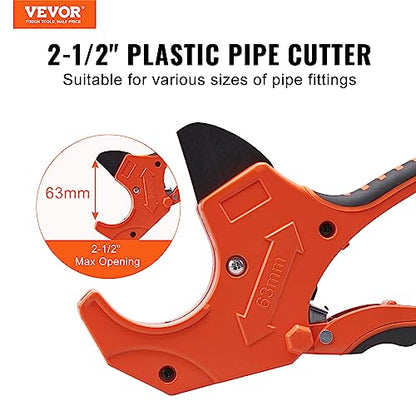 VEVOR PVC Pipe Cutter, Up to 2-1/2" O.D. Ratchet Pipe Cutter Heavy Duty, Professional Tube Cutting Tool with SK5 Steel Blade & Ergonomic Handle, Uses for PVC, CPVC, PP-R, PEX, PE, Rubber Hose - size: 2-1/2" O.D.