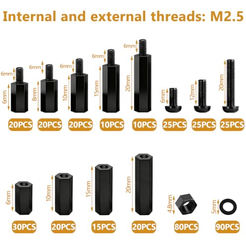 410PCS M2.5 Nylon Motherboard Standoffs Kit, Male Female Hex Spacer Standoff Screws Nuts Suitable for Circuit Board, PCB Board etc - color: Black, size: 410PCS (M2.5)