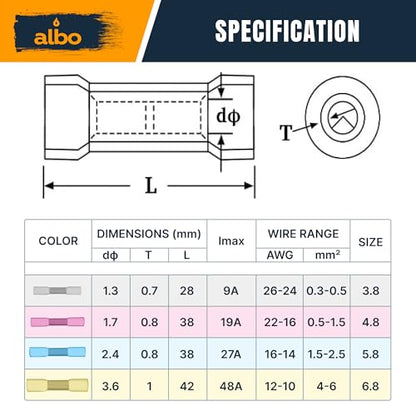 ALBO 200 Pcs Heat Shrink Butt Connectors for 26-10 AWG Electrical Wire - color: Butt 200Pcs Set 26-10 AWG