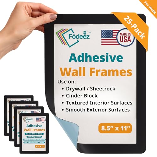 8.5 x 11 Adhesive Wall Frames - Peel & Stick Picture Frame, Wall Sign Holder, Paper & Letter Protector Sheets, Reusable Picture Frame, Dry Erase, Non Magnetic & Non Acryclic - Black, Pack of 25 - color: Black 25
