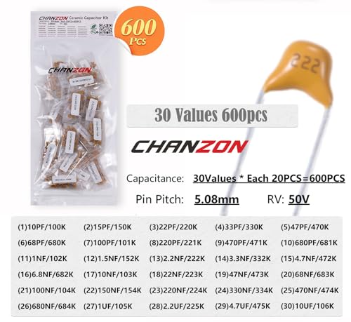 Chanzon 600pcs 30 Values Ceramic Capacitor Kit 10pF-10uF 50V ±10%