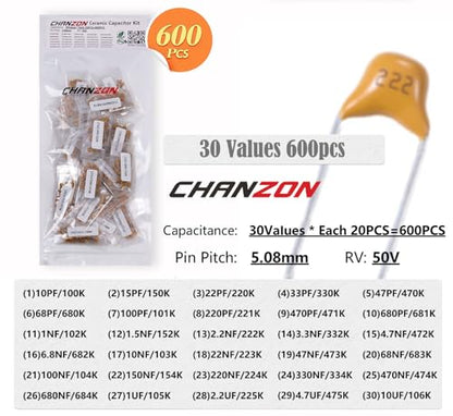 Chanzon 600pcs 30 Values Ceramic Capacitor Kit 10pF-10uF 50V ±10%
