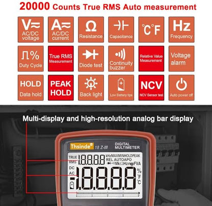 Auto-Range Digital Multimeter 20000 Counts 4 1/2 DC AC Resistance Capacitance Peak Hold True RMS NCV Diode Tester - color: 4 1/2