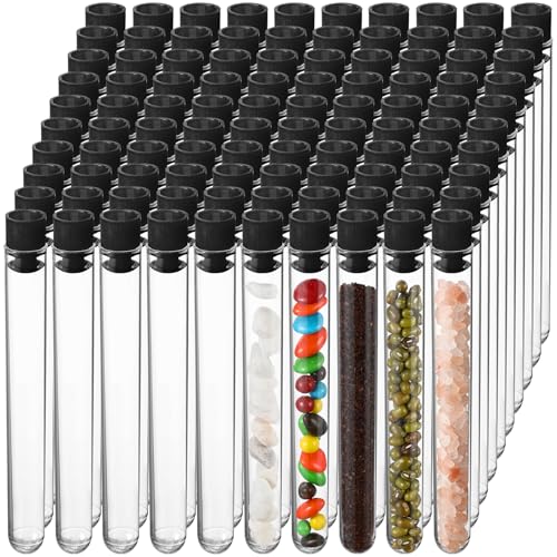 100 Pake 8 ml Clear Test Tubes with Caps 12x100mm Plastic Vials Test Tubes for Scientific Experiments Halloween Christmas Scientific Themed Birthday Party Supplies Candy Storage (Black) - color: Black