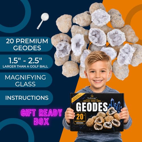 Break Your Own Geodes for Kids – 20 Moroccan Geodes to Break Open, 1.75–2.5", 90% Hollow, Geode Kit for Kids with Surprise Crystals Inside, Educational Geology Rock Kit with Instructions [Medium] - size: MEDIUM (1.5"-2.5")