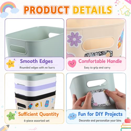 6 Pack Large Plastic Book Bins for Classroom with Composition Label Stickers Large Stackable Toy Storage Baskets Boxes Book Storage Bins for Back to School Library Home Office Organization Supplies