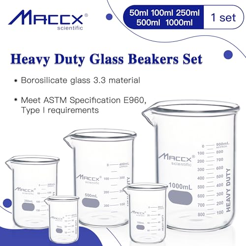 Sturdy Glass Beakers, Heavy- Duty 5 Sizes Set, Vol. 50ml 100ml 250m 500ml 1000ml,3.3 Borosilicate Griffin Low Form with Printed Graduation, BKLS02-005 - style: Vol.50ml 100ml 250ml 500ml 1000ml