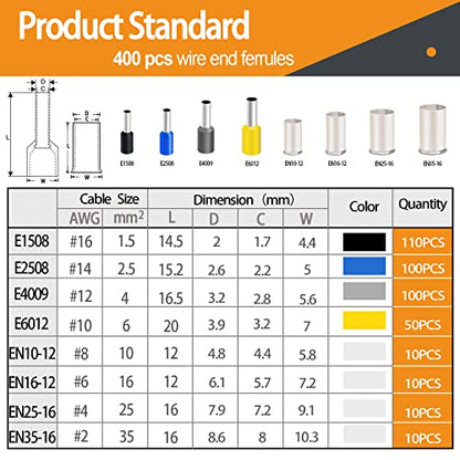mankk 400PCS Wire Ferrules Terminals Kits Silver Plated Copper Ferrules Wire Ends Terminals Crimp Terminal Connector Sleeves 8 Sizes AWG(16 14 12 10 8 6 4 2) - color: 400PCS