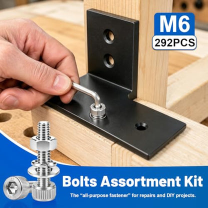 292PCS M6 Socket Bolts Nut Assortment Kit, M6x8/10/12/16/20/25/30/35mm - size: SS M6 292PCS