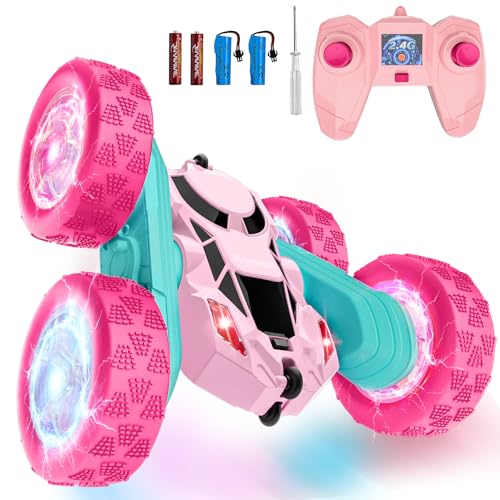 Hamdol Pink Remote Control Car for Girls, Double Sided with Shining Headlights & Wheel Lights, Girl Princess Toys, Rechargeable Toy Car for 6-7 6-8 9 10-12 Year Old Girls Birthday, Valentines Gift - color: Pink, size: Glow (Headlights & Wheel Lights)