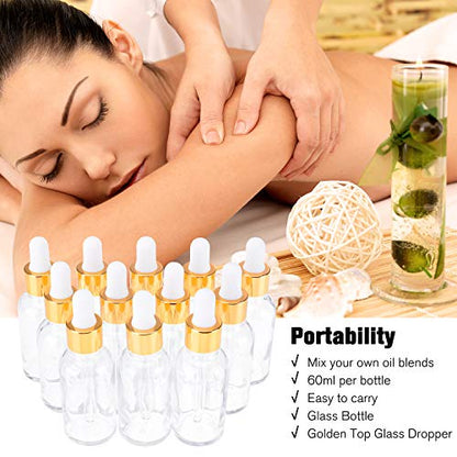 PrettyCare Glass Eye Dropper Bottles 2oz (60ml), 12 Pcs Clear Empty Thick Bottles Bulk with Leakproof Golden Caps - With Labels & Funnels for for Storage, Travel,Essential Oils, DIY Serums, Tincture - color: 2oz Clear, style: 12 Pack
