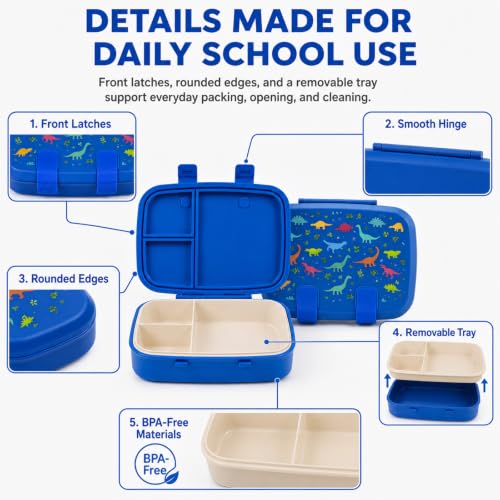 MISS BIG Kids Bento Lunch Box, Blue Dinosaur, Microwave Safe, 800ml - color: Blue Dinosaur