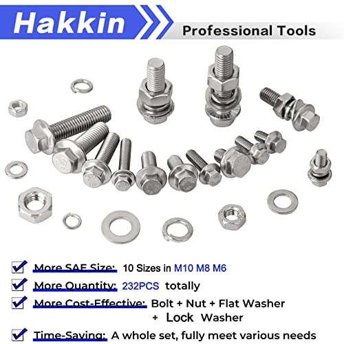 Hakkin 232Pcs Flange Hex Bolts and Nuts Kit M6 M8 M10 Metric Bolt Assortment, 304 Stainless Steel Metric Hex Bolt, M6-1.0 M8-1.25 M10-1.5 Flange Screw Set Nuts and Bolts Assortment Kit - size: H. M6 M8 M10