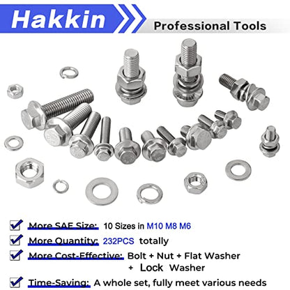 Hakkin 232Pcs Flange Hex Bolts and Nuts Kit M6 M8 M10 Metric Bolt Assortment, 304 Stainless Steel Metric Hex Bolt, M6-1.0 M8-1.25 M10-1.5 Flange Screw Set Nuts and Bolts Assortment Kit - size: H. M6 M8 M10