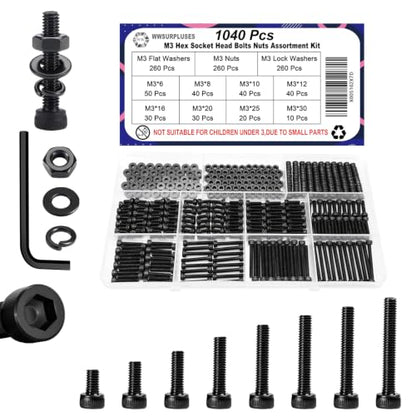 1040Pcs M3 Screw Kit, Hex Socket Head Cap M3 Screws, M3 Bolts Nuts Washers - color: Black, size: Black M3--1040 Pcs
