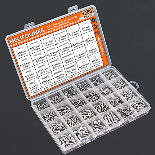 HELIFOUNER 1280 Pieces M2 M2.5 M3 M4 304 Stainless Steel Hex Socket Cap Metric Screws Bolts Washers Nuts Hardware Assortment Kit with Hex Wrenches - size: M2 M2.5 M3 M4