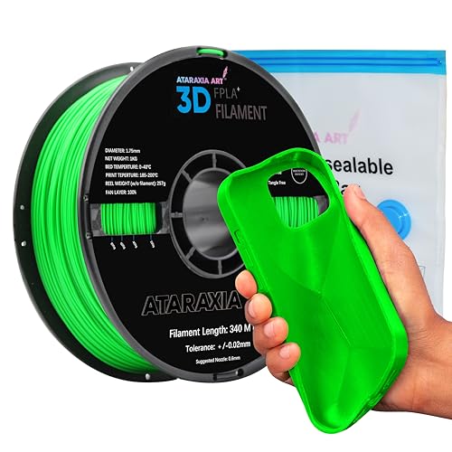 ATARAXIA ART Flexible PLA Filament 1.75mm, 3D Printer Flexi Filament 1Kg/2.2lb Spool Accuracy +/-.03mm, Easy Than TPU Extruder,89A Shore Hardness,Patent Formula,with Filament Storage Bags, FPLA Green - color: Green, size: FPLA+ (Flexible Polylactic Acid)