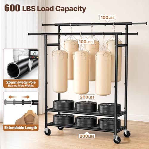 Heavy Duty Clothes Rack, Double Rod Garment Storage Organizer, Black - color: Black